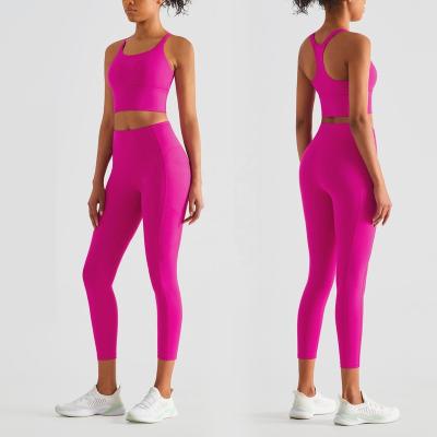 China 2022 New Breathable Sexy Girls Gym Pictures Rept Lady Yoga High Waist Pants Sets Bras Solid Color Workout Yoga Seamless Two Piece Wear for sale