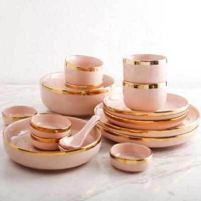 China Sustainable Nordic Luxury 27 Pcs Set For 6 People Cheap Round Gold Rim Ceramic Dinnerware Sets for sale