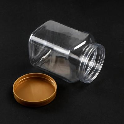 China Eco-friendly 12oz 330ml square plastic jam jars candy bottle containers with gold round pp screw cap for food and cosmetic for sale