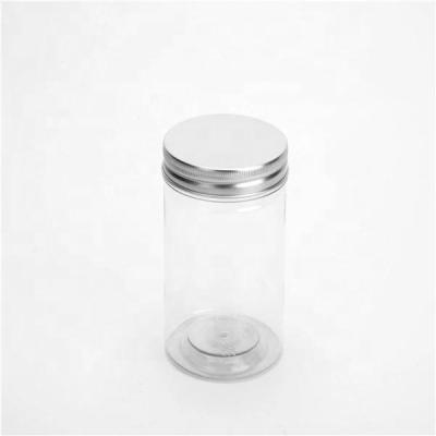 China Nice Clear Appearance Round PET Jars With Aluminum Lids Tall For Food Cookies Candy And Cosmetic Bottle Storage for sale