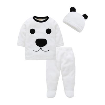 China Breathable 3Pcs Newborn Baby Boys Long Sleeve Top Footed Sweaters Pants Hat Outfits Set Cartoon Fluffy Cute Winter Warm Clothes Sets for sale