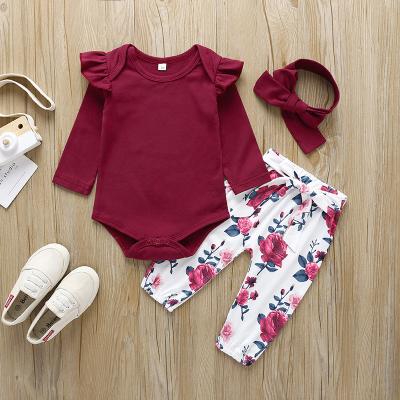 China Anti-wrinkle baby clothes set Autumn Outfit Toddler Fly Sleeve jumpsuit top + floral pants + 3pcs headband kids clothing set for sale