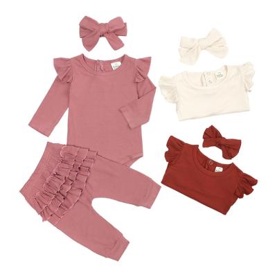 China Anti-wrinkle Newborn Babies Ruffle T-shirt Romper Tops Spats Pants Headband 3Pcs Outfits Clothes Set Long Sleeve Autumn Winter Clothing for sale