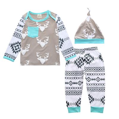 China Breathable Cute Newborn Baby Boy Clothes Deer Tops T-shirt Long Sleeve + Pants Casual Hat Cap 3pcs Teams Autumn Set for sale