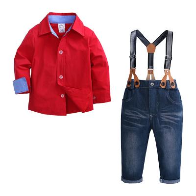 China Fashion Casual Children's Boy's Clothing Boys Clothes Set Long Sleeve Red Baby Boy Kids Clothes Shirt + Spaghetti Strap Bib Jeans for sale