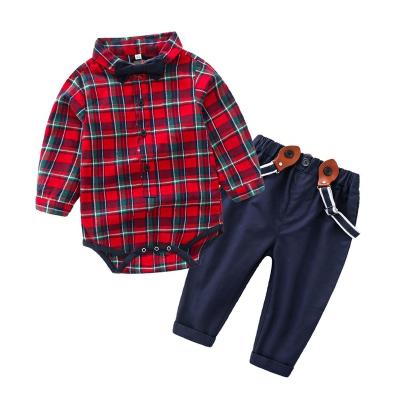 China Breathable Spring Cotton Gentleman Baby Boy Clothes Clothing Sets Plaid Long Sleeve Bow Tie Shirt Rompers Suspenders Pants Bebes Outfits for sale