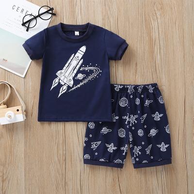 China 2021 Summer Boys Clothing Casual Little Boy Kids Knitted Navy Rocket Printed Short Sleeve T-shirts + Shorts Tracksuits Clothing Sets for sale