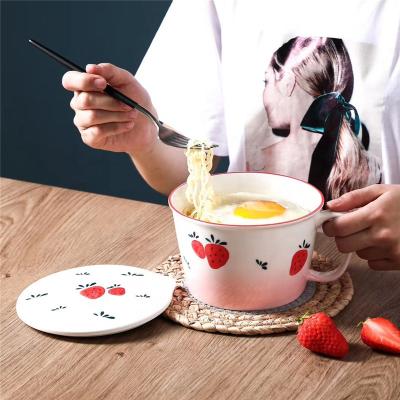 China Viable Creative Japanese Hand Painted Instant Noodle Ceramic Bowl With Lid And Handle Student Instant Noodle Cup Large Capacity Lunch for sale