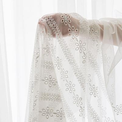 China Wholesale Breathable White Polyester Sheer Tulle Lace Fabric For Curtains Flower Embroidered Stripe Voile Yarn Curtain Fabric for sale