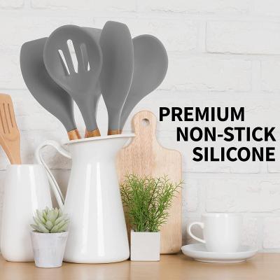 China Stocked Silicone Non-Stick Utensils Set with Authentic Acacia Wood Handles - 5 Piece Silicone Cookware Set - Gray for sale