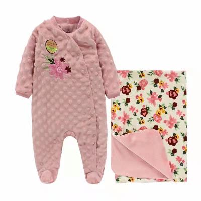 China High Quality Polyester / Cotton Newborn Clothing Set Cute Animal Print Baby Long Romper With Blanket for sale