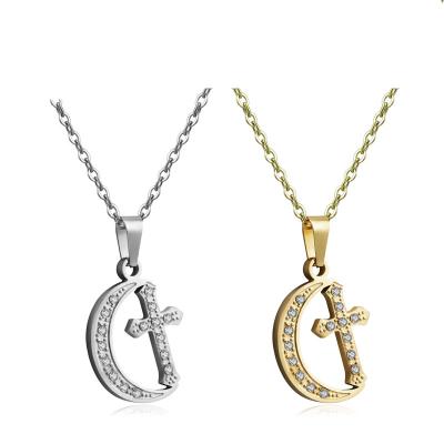 China Allergy Free Zircon Stainless Steel Crescent Cross Shaped With Bling Bling Pendant Jewelry For Women Men for sale