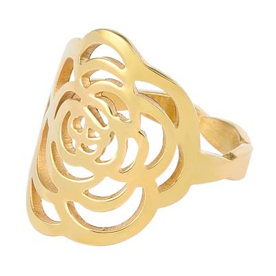 China Do Not Fade Comfort 18K Gold Plating Hollow Rose Flower Stainless Ring For Rich Women Romantic for sale