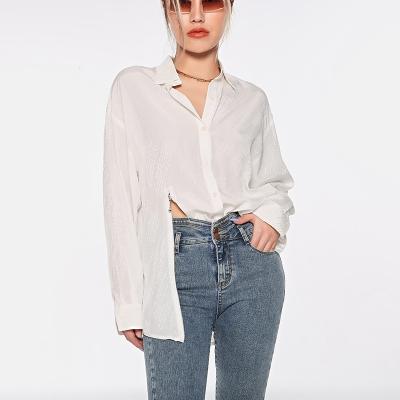 China Professional Oversized Plain Breathable Long Sleeve ShirtsCotton Summer White Blouses Ladies Tops Shirts With Zipper for sale