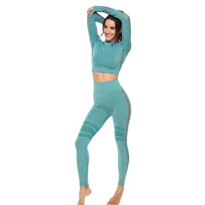 China Swearsuit Workout Yoga Two Piece Set Breathable Elastic Nylon Seamless Tights Yoga Tops for sale