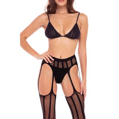 China Sensitive Mesh Striped Bra Lingerie Briefs Suspender Pantyhose Set Romance Sexy Wear Three Piece With Exposed Hips Bodystockings for sale