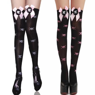 China Breathable custom bangs Halloween Skeleton Print Thigh Highs With Black Silk Thin Stockings Satin Skull Bow Tights Pantyhose Gaiters for sale