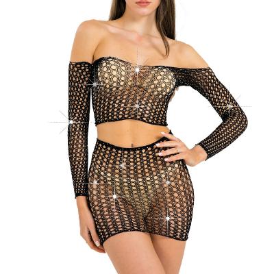 China Spandex/Nylon Plus Size Underwear One Piece Sexy Star Shine Net Top And Shiny Pantyhose Rhinestone Jumpsuit 2 Pieces Set Mesh Sexy Lingerie for sale