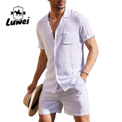 China QUICK DRY Cotton Linen Two Piece Plain Sleeve Shorts Summer Solid Color Breathable Cardigan Shirt Shorts Men Set for sale