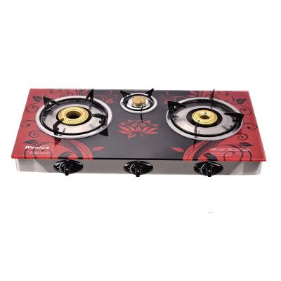 China Coarse Hotel Three Burner Tempered Glass Top Gas Cooker Stove Appliances For Household for sale