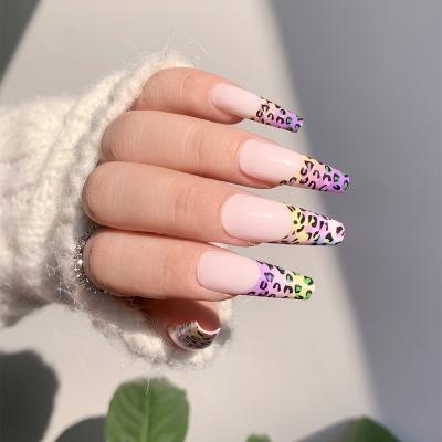 China Easy Apply Wholesale French Leopard Ballerina Long Coffin Artificial Finger Fake Press On Nails for sale