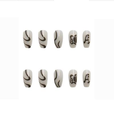 China Easy Apply Simple Cheap Black Line False Coffin Nails Finger Nails Wholesale Ballerina Press On Nails for sale