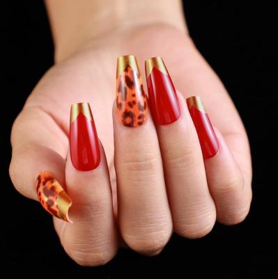 China Easy Apply High Quality French Ballet Medium Red Leopard Coffin Fake Ballerina Fake Press On Nails Wrap for sale