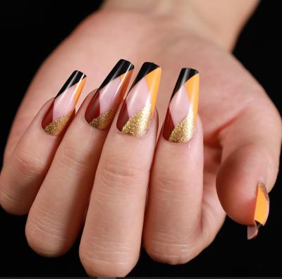 China Easy Apply Gold Glitter Ballerina Medium Long Press On Fake Finger Artificial Coffin Tip Nails Long Supplies 24pcs Wholesale Salon for sale