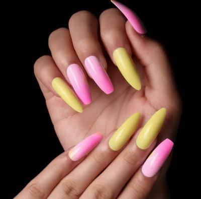 China Easy Apply Wholesale Customized Pink Yellow Color Long Press On Nail Mix Ballerina Shaped False Nails 24PCS for sale