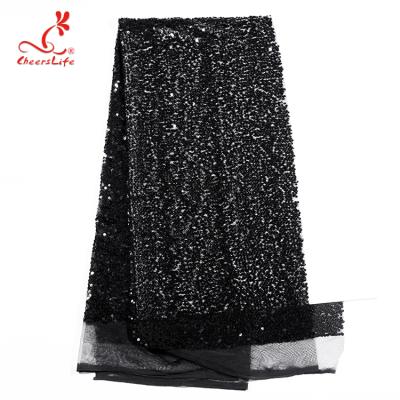 China 3D Cheerslife Polyester Luxury African Embroidery Sparkly Sparkle Black Shiny Sequin 125Cm Tulle Lace Up Fabric With Sequins for sale