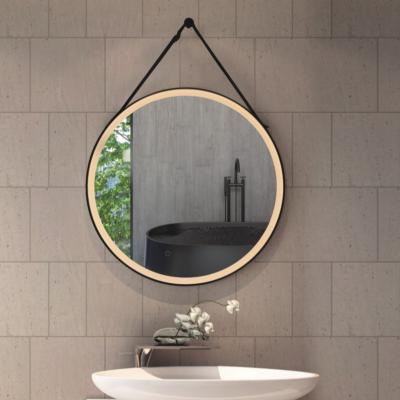 China Modern Bathroom Led Round Metal Frame Black Gold Hanging Wall Mirrors With Touch Switch for sale