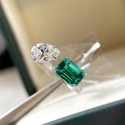 China Aimgal Fashionable Jewelry S925 Fine Silver Plated 18k Gold Double Stone Lab Grown Green Open Diamond Ring for sale