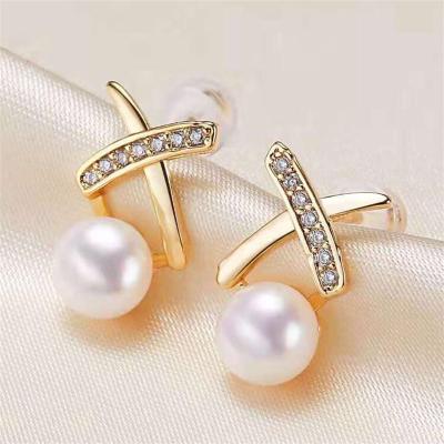 China FASHION Jewelry S925 Silver Geometric Cross Aimgal Freshwater Pearl Stud Earrings For Women Wholesale Earrings for sale