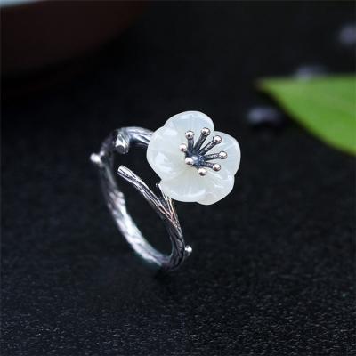 China S925 Retro Hetian Jade Plum Jade Flower TRENDY Inlaid Sterling Silver Women's Ring Open Wholesale AP2 for sale