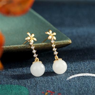 China FASHIONABLE S925 Hetian Jade Sterling Silver Gold Plated Round Beads High End Women's Eardrops Ear Studs AP2 for sale