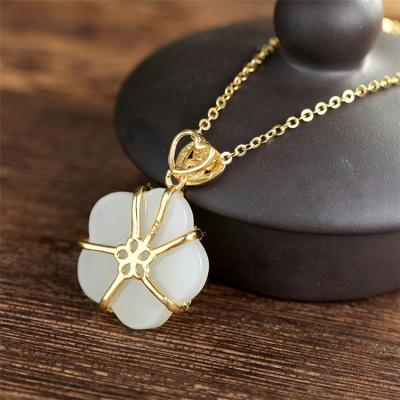 China Aimgal Jewelry Fashion S925 Hetian Sterling Silver Jade Gold Plated Inlaid Plum Personalized Lady's Pendant Necklace AP2 for sale