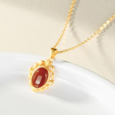 China TRENDY Simple Pendant S925 Sterling Silver Inlaid Southern Red Onyx Clavicle Chain Necklace For Women for sale