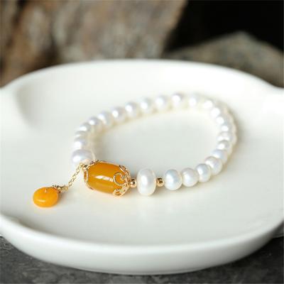 China FASHIONABLE natural freshwater pearl bread beads chalcedony agate plated 14K gold bracelet for women for sale