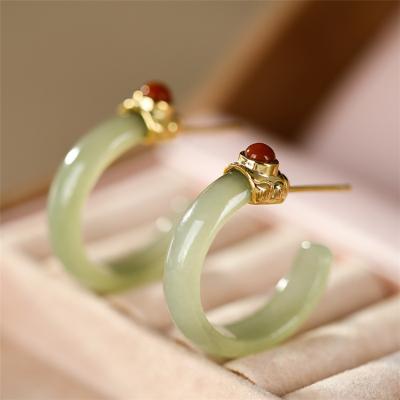 China FASHIONABLE S925 Hetian Jade Safety Ring Sterling Silver Inlaid Ear Studs For Women AP2 for sale