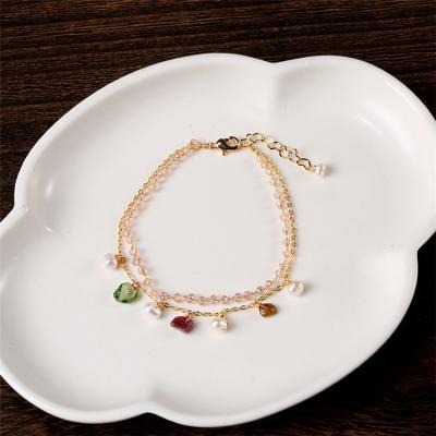 China Fashion Thick Plated Women's Bracelet Double-Layer Zircon Tourmaline Natural Pearl 14K Gold 14K Gold Bangle for sale