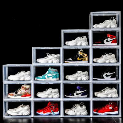 China AJ High Capacity Fitness Basketball Shoes Durable Stackable Hard Plastic Clear Transparent Shoes Viable Acrylic Storage Box for sale