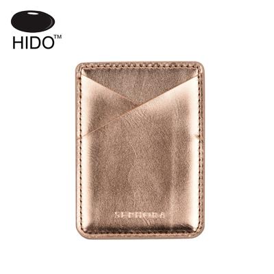 China Hot Selling 3M Double Pockets Metallic Faux Leather Adhesive Mobile Phone Card Holder for sale