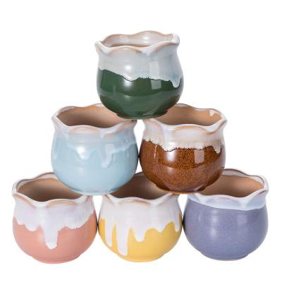 China Wholesale Bohemian Garden 6 in 1 Small Artificial Ceramic Succulent Plant Flower Pot with Bamboo Tray for sale