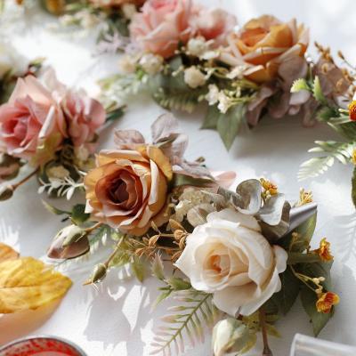 China Eco-friendly Wholesale Retro Flowers Wedding Wrist Flower Corsage Autumn Simulation Rose Bride Groom for sale