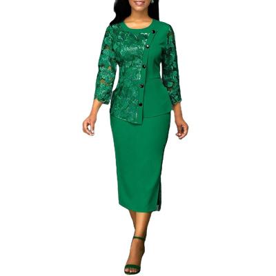 China XHP-F0942 factory wholesale breathable o neck lace stitching two piece set bodycon dresses dress pencil for women for sale