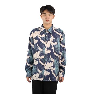 China Mens Anti-Pilling Springs And Summer Blue Waves Digital Printing Hawaiian Long Sleeve Shirts for sale