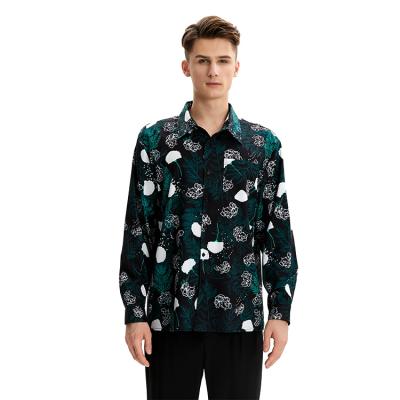 China Anti-wrinkle Anti-pilling Men's Green Leaf Digital Printing Long Sleeve Hawaiian Shirts With Single Breasted for sale