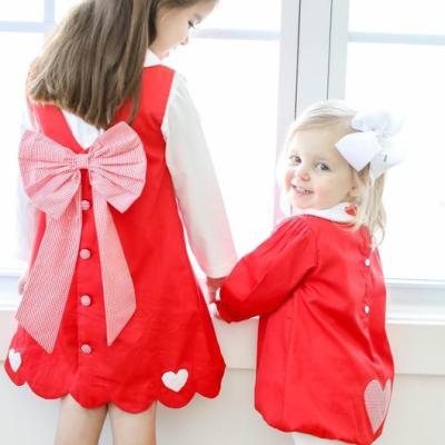 China 100% Polyester Bubble Red Monogrammed Valentine's Day Heart Applique Baby Girl Romper Outfit for sale