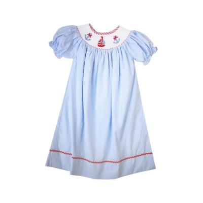 China Smocked Gingham Little Girl's Smocked Anchor Sailboat Dress Casual Blue Nautical Dress 4th of July Dress for sale