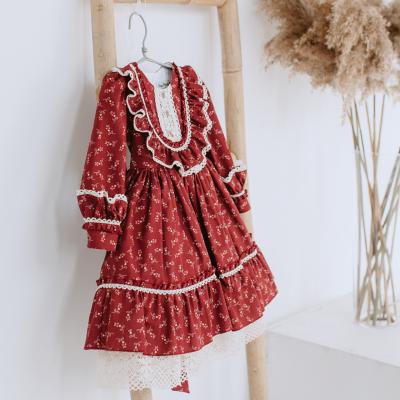 China Vintage Anti-Static Formal Red Floral Print Dress Christmas Babies Long Sleeve Lace Dresses for sale